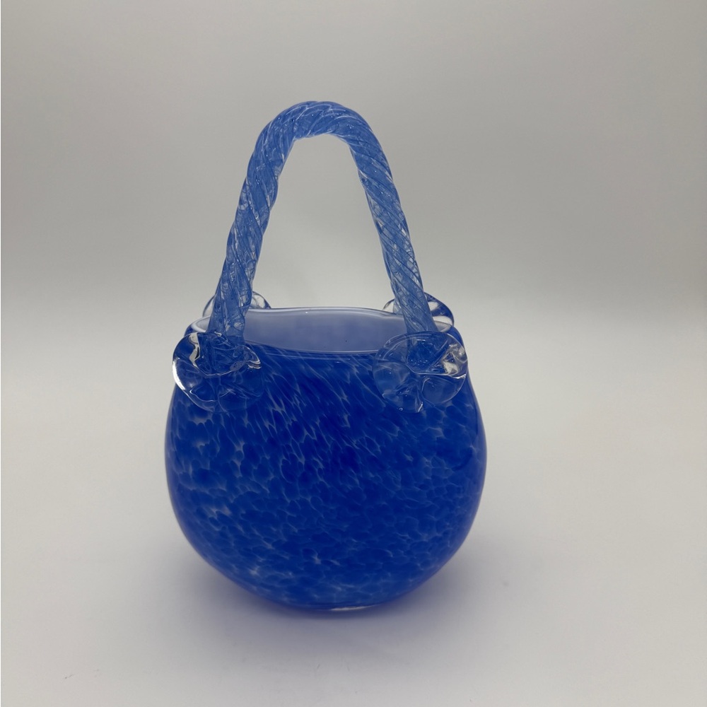 Vtg. Victorian Style Handblown Art Glass Basket Purse Vase Blue With Handles 9”